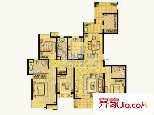 世茂世界灣戶型圖二期D戶型圖 4室2廳3衛(wèi)1廚