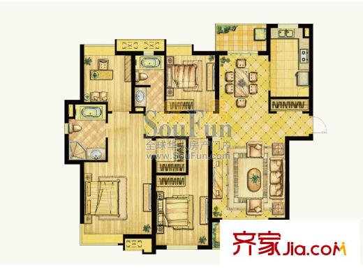 世茂世界灣戶型圖二期C1戶型圖 4室2廳2衛(wèi)1廚