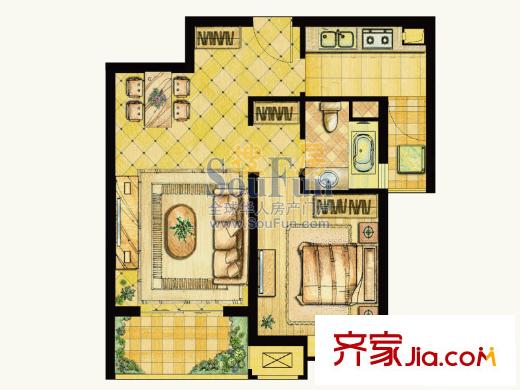 世茂世界灣戶型圖二期E2戶型圖 1室2廳1衛(wèi)1廚