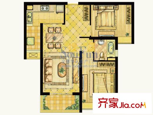 世茂世界灣戶型圖二期B2戶型圖 2室2廳1衛(wèi)1廚
