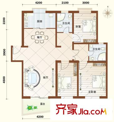 恒通花園戶型圖03戶型 3室2廳2衛(wèi)1廚