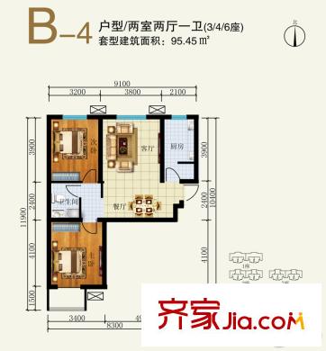 大業(yè)時代廣場?唐山義烏國際商貿(mào)城3#、4#、6#樓標(biāo)準(zhǔn)層B-4戶型 2室2廳1衛(wèi)1廚