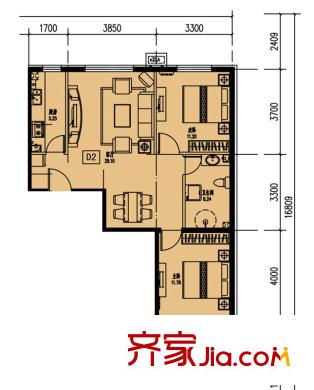 大業(yè)時代廣場?唐山義烏國際商貿(mào)城8#樓標(biāo)準(zhǔn)層D2戶型 2室2廳1衛(wèi)1廚