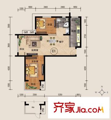 東方紅戶(hù)型圖C1戶(hù)型 2室2廳1衛(wèi)1廚