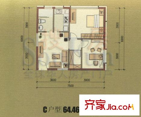 都市風(fēng)華戶型圖C戶型 2室1廳1衛(wèi)1廚