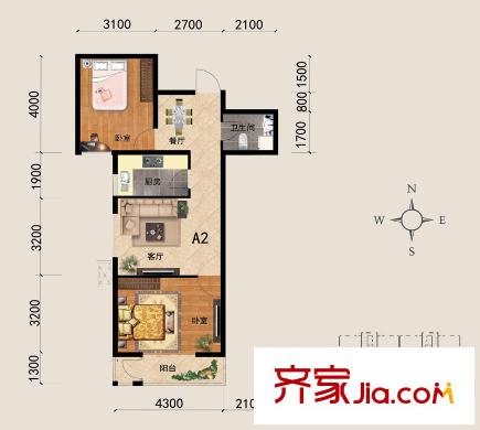 河北新人家戶型圖A2戶型 2室2廳1衛(wèi)1廚
