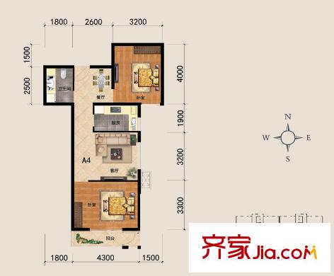 河北新人家戶型圖A4戶型 2室2廳1衛(wèi)1廚