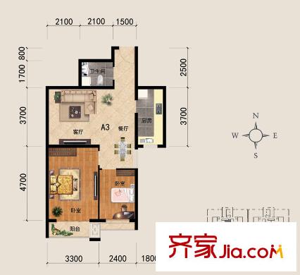 河北新人家戶型圖A3戶型 2室1廳1衛(wèi)1廚