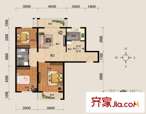 河北新人家戶型圖B2戶型 3室2廳1衛(wèi)1廚