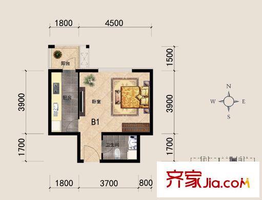 河北新人家戶型圖B1戶型 1室1衛(wèi)1廚