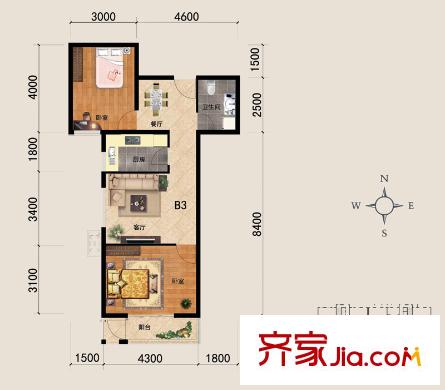 河北新人家戶型圖B3戶型 2室2廳1衛(wèi)1廚