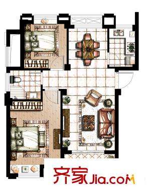 香河灣1、4#樓D戶型 2室2廳1衛(wèi)1廚