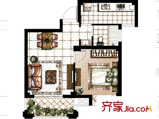 香河灣1、2#樓E1戶型 1室2廳1衛(wèi)1廚