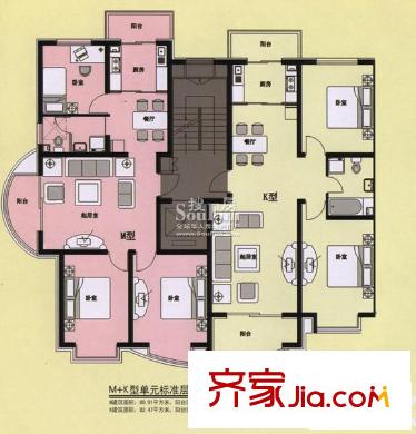 海景怡園戶型圖M+K型單元 3室2廳1衛(wèi)1廚