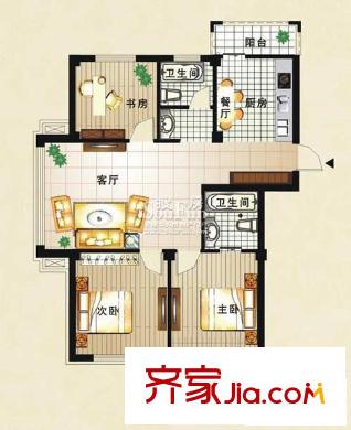 金海嘉園C戶型 3室2廳2衛(wèi)1廚 戶型圖