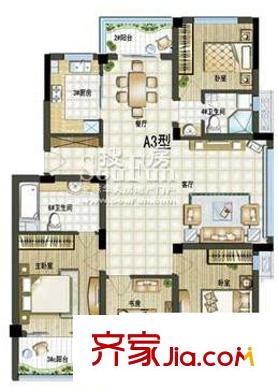 莊市水木清華戶型圖A3戶型 4室2廳2衛(wèi)1廚