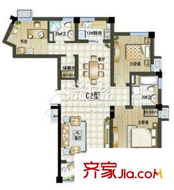 莊市水木清華戶型圖C2戶型 3室2廳2衛(wèi)1廚