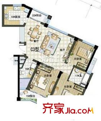 莊市水木清華戶型圖C3戶型 3室2廳2衛(wèi)1廚