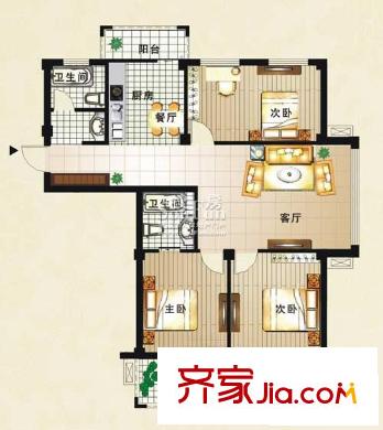 金海嘉園D戶型 3室2廳2衛(wèi)1廚 戶型圖