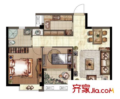 金色瓏庭標(biāo)準(zhǔn)層B戶型 2室2廳1衛(wèi)1廚