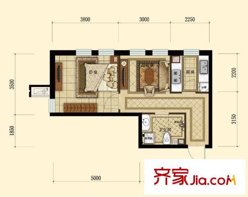 紫荊廣場戶型圖A戶型 1室1廳1衛(wèi)1廚