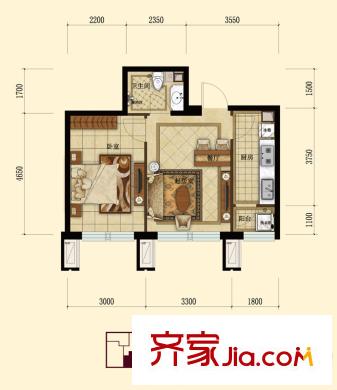 紫荊廣場戶型圖C戶型 1室2廳1衛(wèi)1廚