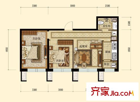 紫荊廣場戶型圖G戶型 2室2廳1衛(wèi)1廚