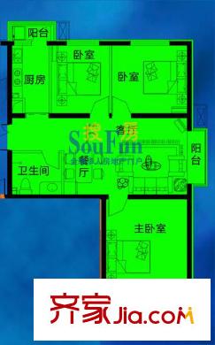 陶然居戶型圖1-13號(hào)樓多層小高層F戶型 3室2廳1衛(wèi)1廚