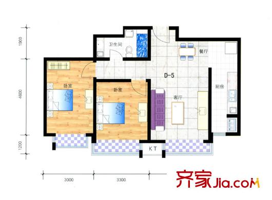 盛唐府邸戶型圖D5戶型 2室2廳1衛(wèi)1廚