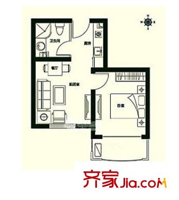 銀河灣小區(qū) 1室1廳1衛(wèi)1廚 戶型圖
