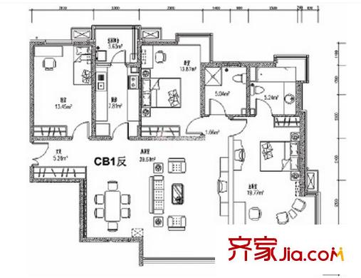 銀河灣小區(qū) 3室2廳2衛(wèi)1廚 戶型圖