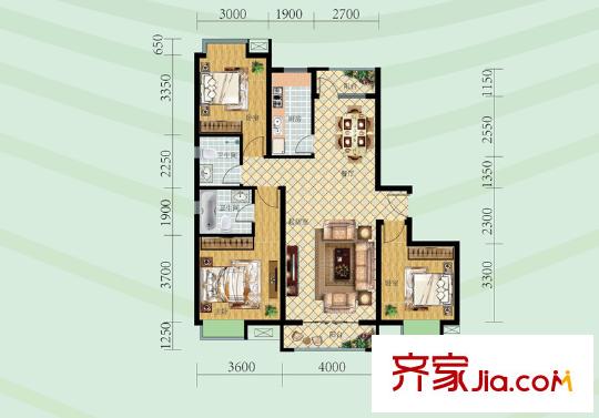 鋼城水岸7#樓標準層H戶型 3室2廳2衛(wèi)1廚
