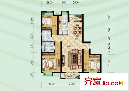 鋼城水岸6#樓標準層L戶型 3室2廳2衛(wèi)1廚