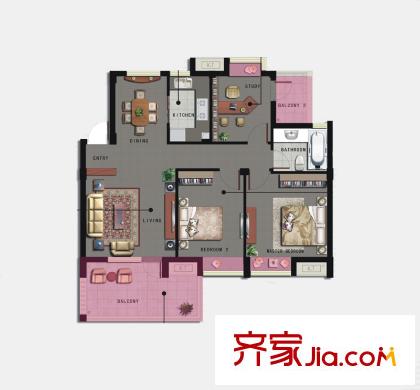 IN藍(lán)庭戶型圖花園洋房四層D戶型 3室2廳1衛(wèi)1廚