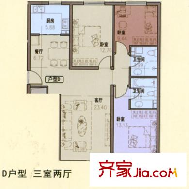 在水一方戶型圖D戶型 3室2廳1衛(wèi)1廚