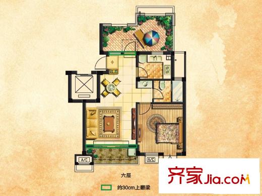 維科水岸楓情 1室2廳1衛(wèi)1廚 戶型圖