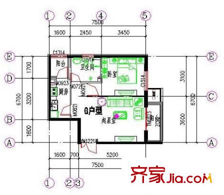 紫御山莊戶型圖戶型G 1室1廳1衛(wèi)1廚