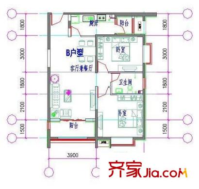 紫御山莊戶型圖戶型B 2室2廳1衛(wèi)1廚