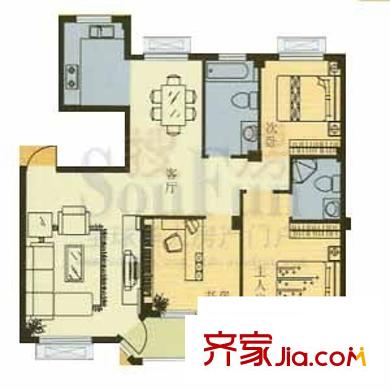 水尚闌珊戶型圖C戶型 3室2廳2衛(wèi)1廚