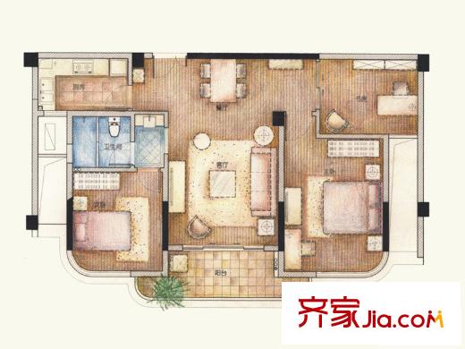 雅戈爾湖景花園戶型圖95平方米 3室2廳1衛(wèi)1廚