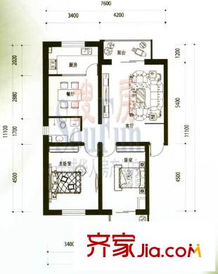 龍溪清雅園戶型圖A戶型 2室2廳1衛(wèi)1廚