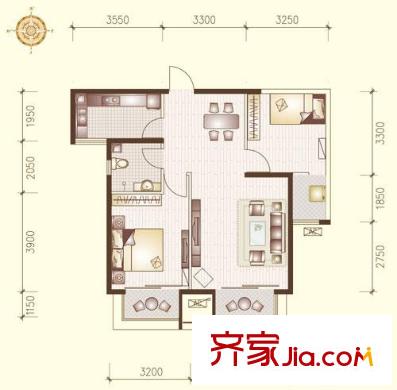 高第花園戶型圖I戶型 2室2廳1衛(wèi)1廚