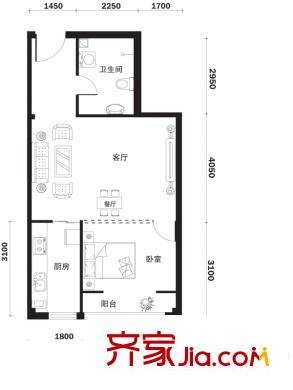 鳳城陽光戶型圖B2戶型 1室1廳1衛(wèi)1廚