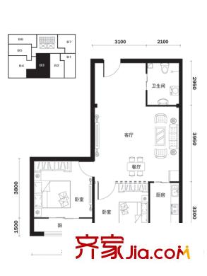 鳳城陽光戶型圖B3戶型 2室2廳1衛(wèi)1廚