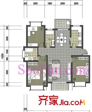 淺水灣城市花園別墅戶型圖3室2廳 3室2廳2衛(wèi)1廚