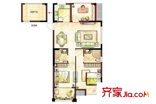 開(kāi)元九龍湖畔春漫里A戶(hù)型 3室2廳2衛(wèi)1廚