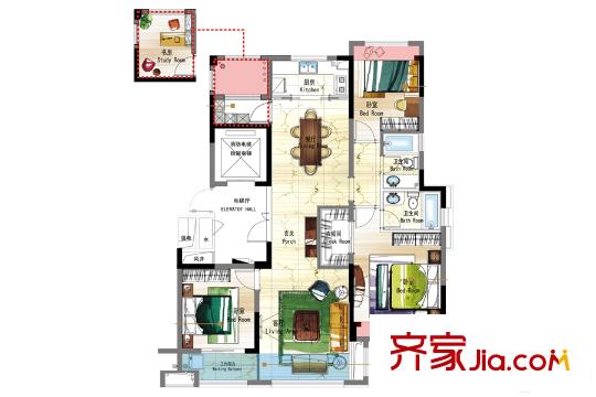 梁祝文化小鎮(zhèn)天逸灣E戶型 3室2廳2衛(wèi)1廚