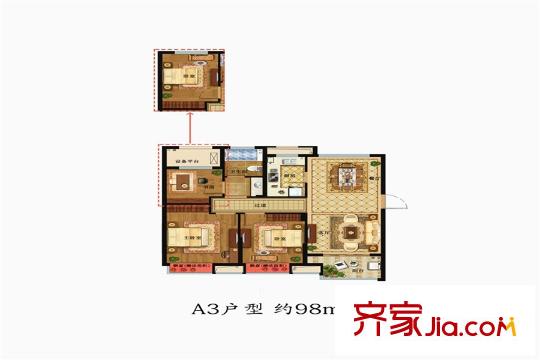 鉑悅府9#樓A3戶型 3室2廳1衛(wèi)1廚