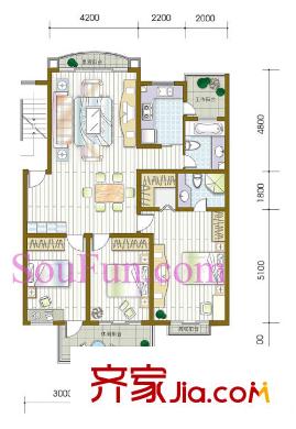 雅戈?duì)枛|湖花園二期戶型圖虹景苑B型3室2廳 3室2廳2衛(wèi)1廚