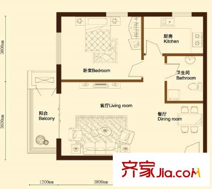 金洋華城戶型圖A2戶型 1室2廳1衛(wèi)1廚